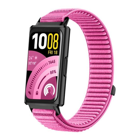 For Huawei Band 11 / Band 11 Pro Woven Nylon Hook And Loop Fastener Metal Interface Watch Band(Peony Pink)