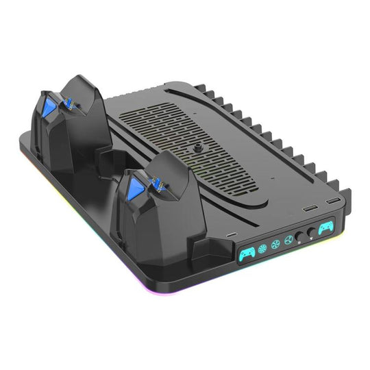 For PS5 / PS5 Slim / PS5 Pro Cooling Stand Dual Controller Charging Station Game Storage Rack(Black)