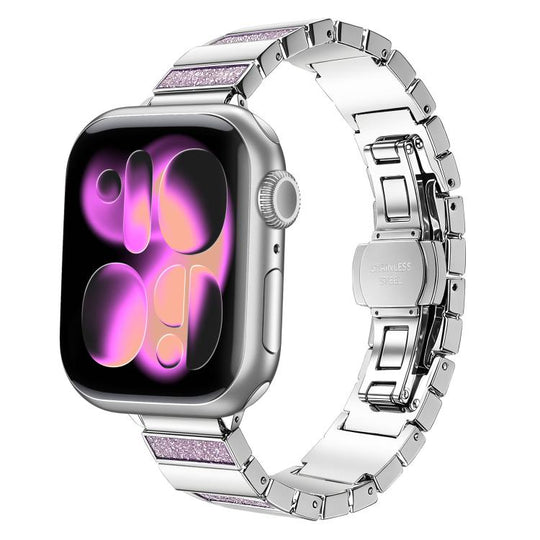 For Apple Watch 46mm / 49mm / 45mm / 44mm Piano Key Design Stainless Steel Folding Clasp Metal Watch Band(Glitter Pink)