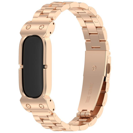 For Google Fitbit Air Metal Case Three Beads Folding Buckle Stainless Steel Watch Band(Rose Gold)