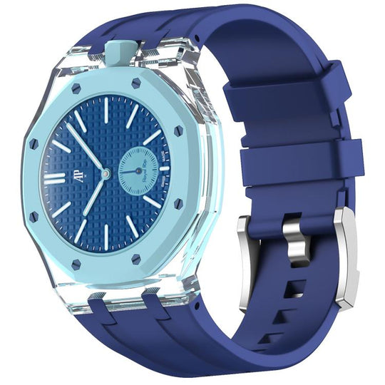 For Swatch Royal Pop Twelve O Clock Direction Clear Plastic Case Integrated Silicone Watch Band(Dark Blue)