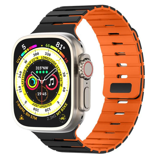 For Apple Watch 46mm / 49mm / 45mm / 44mm Piano Key Design Dual Color Magnetic Silicone Watch Band(Black Orange)