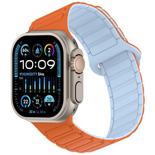 For Apple Watch 46mm / 49mm / 45mm / 44mm Angled Design Three Beads Magnetic Loop Silicone Watch Band(Orange Sky Blue)