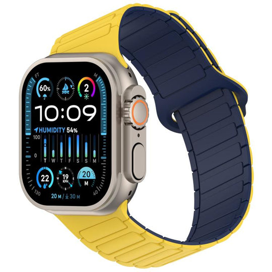 For Apple Watch 46mm / 49mm / 45mm / 44mm Angled Design Three Beads Magnetic Loop Silicone Watch Band(Yellow Midnight Blue)