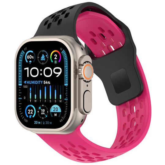 For Apple Watch 46mm / 49mm / 45mm / 44mm Angled Design Mesh Holes Reverse Buckle Silicone Watch Band(Black Peony)