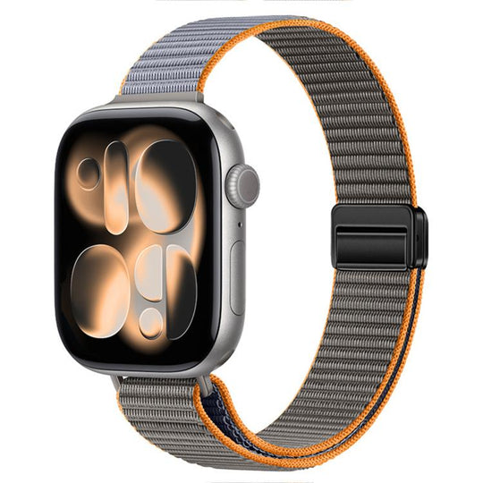 For Apple Watch 49mm / 46mm / 45mm / 44mm Slim Dual Magnetic Clasp Nylon Loop Watch Band(Gray Orange)