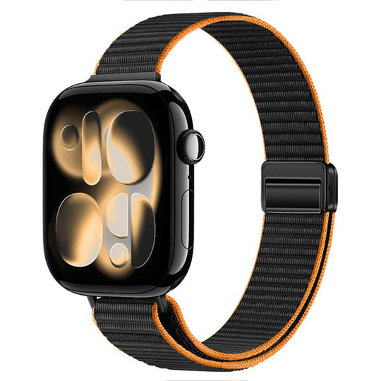 For Apple Watch 49mm / 46mm / 45mm / 44mm Slim Dual Magnetic Clasp Nylon Loop Watch Band(Black Orange)