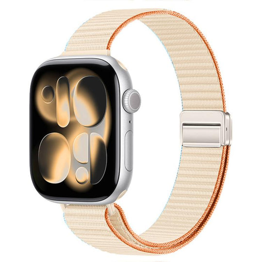 For Apple Watch 49mm / 46mm / 45mm / 44mm Slim Dual Magnetic Clasp Nylon Loop Watch Band(Milky White Orange)