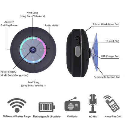 BTS-09 Wireless Bluetooth Speaker Waterproof Led FM Radio Subwoofer Bluetooth Column TF Card Suction Cup Mini Shower Speaker(Blue) - Waterproof Speaker by buy2fix | Online Shopping UK | buy2fix
