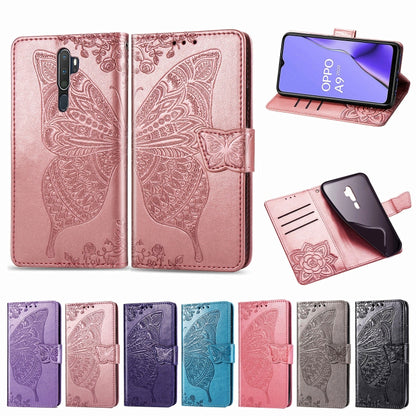 For OPPO A5 (2020) / A9 (2020) Butterfly Love Flower Embossed Horizontal Flip Leather Case with Bracket Lanyard Card Slot Wallet(Dark Purple) by buy2fix
