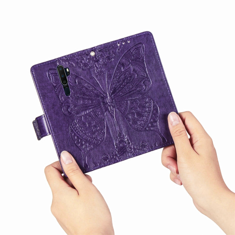 For OPPO A5 (2020) / A9 (2020) Butterfly Love Flower Embossed Horizontal Flip Leather Case with Bracket Lanyard Card Slot Wallet(Dark Purple) by buy2fix