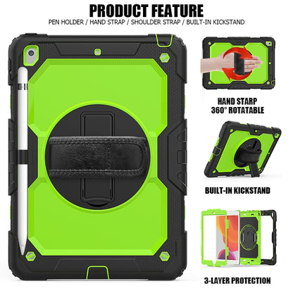 For iPad 10.2 Shockproof Colorful Silica Gel + PC Protective Case with Holder & Shoulder Strap & Hand Strap & Pen Slot(Black+Green) - iPad 10.2 Cases by buy2fix | Online Shopping UK | buy2fix