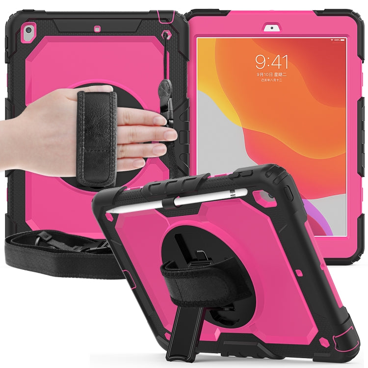 For iPad 10.2 Shockproof Colorful Silica Gel + PC Protective Case with Holder & Shoulder Strap & Hand Strap & Pen Slot(Black+Hot Pink) - iPad 10.2 Cases by buy2fix | Online Shopping UK | buy2fix