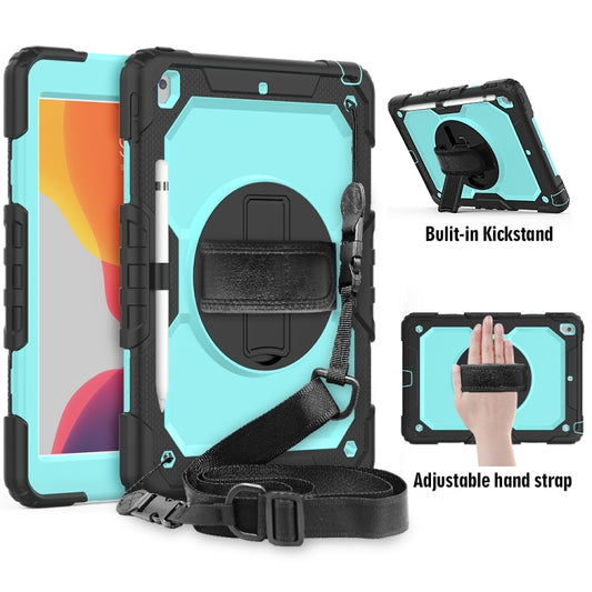 For iPad 10.2 Shockproof Colorful Silica Gel + PC Protective Case with Holder & Shoulder Strap & Hand Strap & Pen Slot(Black+Teal) - iPad 10.2 Cases by buy2fix | Online Shopping UK | buy2fix