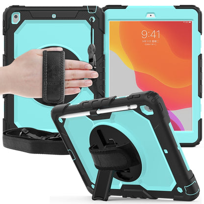 For iPad 10.2 Shockproof Colorful Silica Gel + PC Protective Case with Holder & Shoulder Strap & Hand Strap & Pen Slot(Black+Teal) - iPad 10.2 Cases by buy2fix | Online Shopping UK | buy2fix