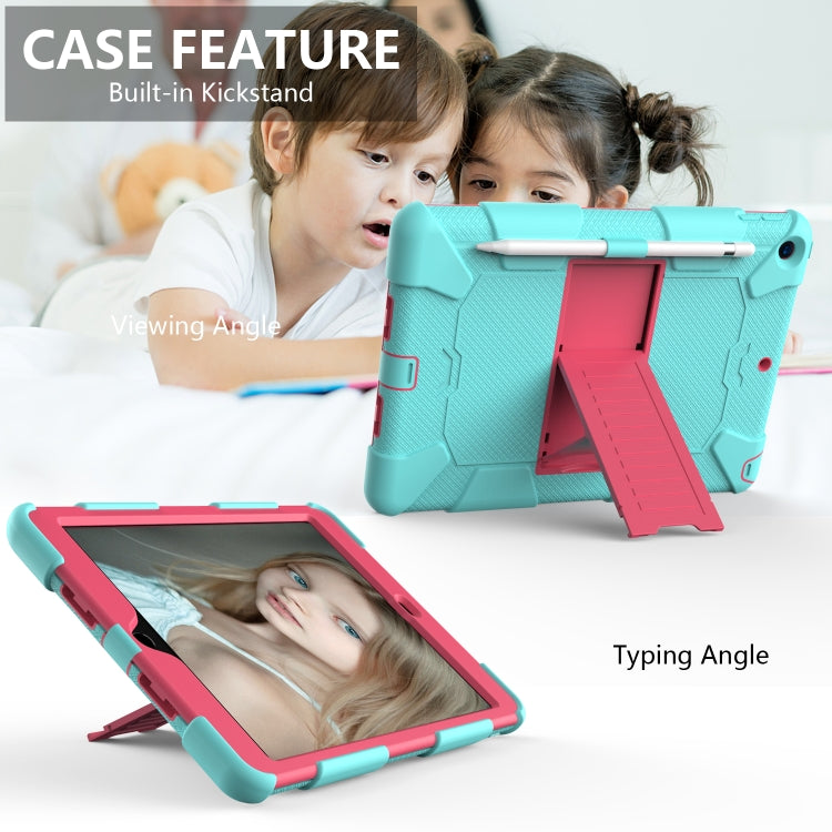 For iPad 10.2 Shockproof Two-Color Silicone Protection Case with Holder & Pen Slot(TeaL+Hot Pink) - iPad 10.2 Cases by buy2fix | Online Shopping UK | buy2fix