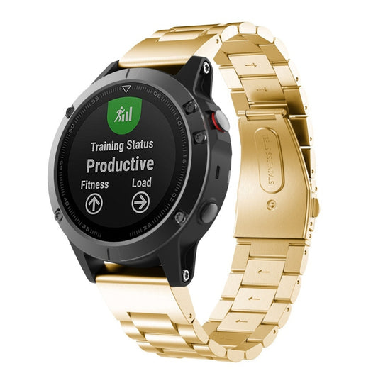 For Garmin Fenix 5 Three-Bead Stainless Steel Metal Watch Band, Size:22MM(Golden)