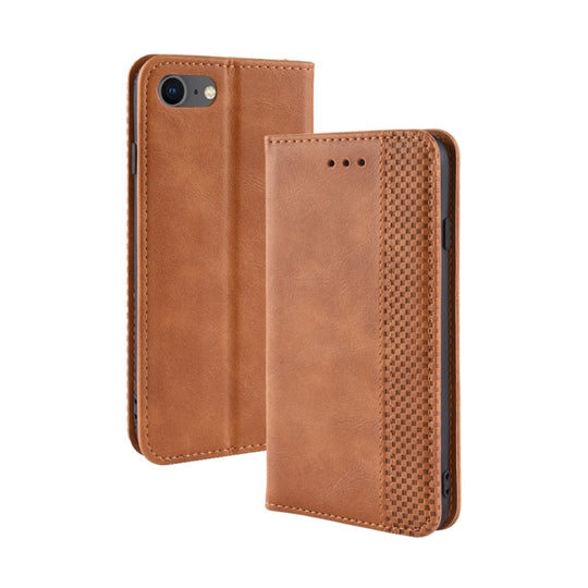 For iPhone SE 2022 / SE 2020 Magnetic Buckle Retro Crazy Horse Texture Horizontal Flip Leather Case with Holder & Card Slots & Photo Frame(Brown)