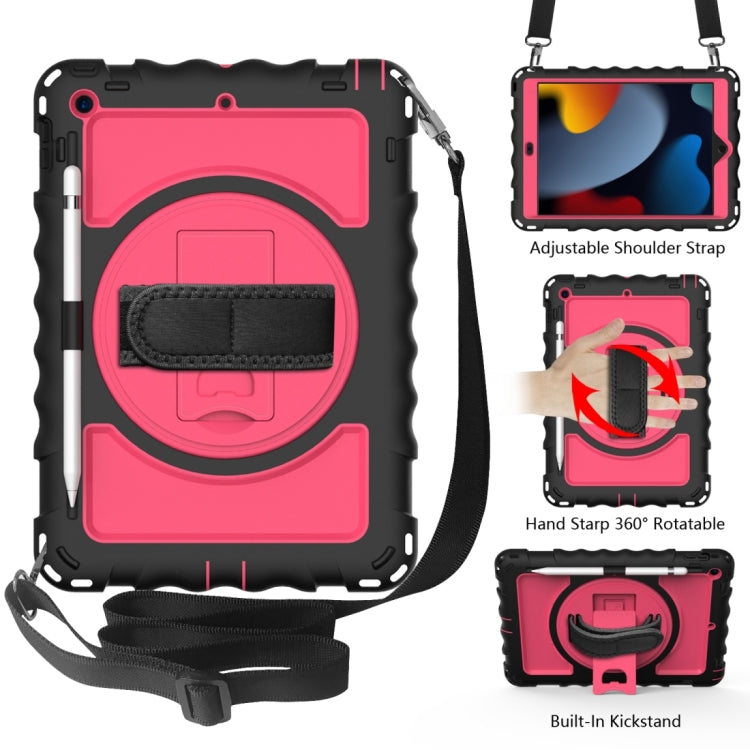 For iPad 10.2 360 Degree Rotating Case with Pencil Holder, Kickstand Shockproof Heavy Duty with Shoulder Strap,Hand Strap(Black+Hot Pink) - iPad 10.2 Cases by buy2fix | Online Shopping UK | buy2fix