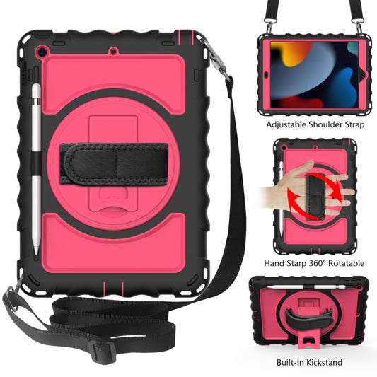 For iPad 10.2 360 Degree Rotating Case with Pencil Holder, Kickstand Shockproof Heavy Duty with Shoulder Strap,Hand Strap(Black+Hot Pink) - iPad 10.2 Cases by buy2fix | Online Shopping UK | buy2fix