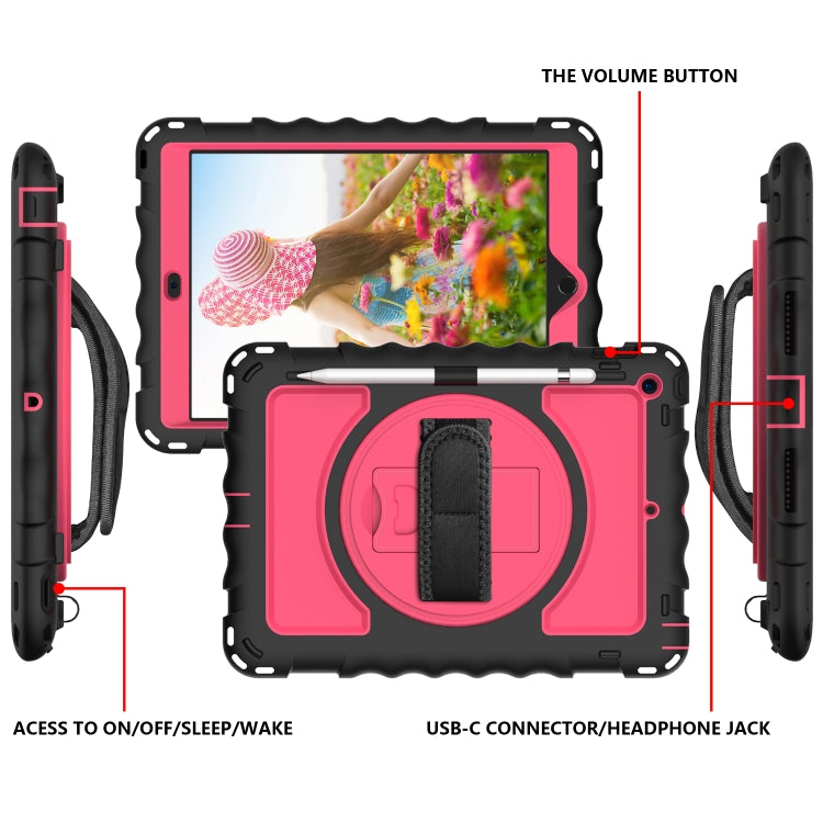 For iPad 10.2 360 Degree Rotating Case with Pencil Holder, Kickstand Shockproof Heavy Duty with Shoulder Strap,Hand Strap(Black+Hot Pink) - iPad 10.2 Cases by buy2fix | Online Shopping UK | buy2fix