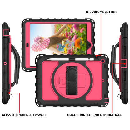 For iPad 10.2 360 Degree Rotating Case with Pencil Holder, Kickstand Shockproof Heavy Duty with Shoulder Strap,Hand Strap(Black+Hot Pink) - iPad 10.2 Cases by buy2fix | Online Shopping UK | buy2fix