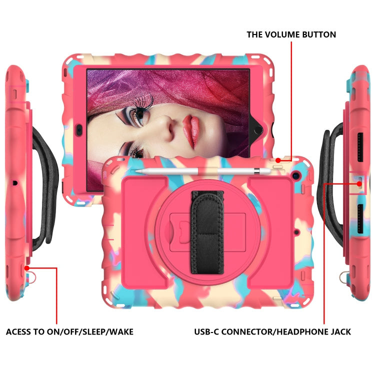For iPad 10.2 360 Degree Rotating Case with Pencil Holder, Kickstand Shockproof Heavy Duty with Shoulder Strap,Hand Strap(Colorful+Hot Pink) - iPad 10.2 Cases by buy2fix | Online Shopping UK | buy2fix
