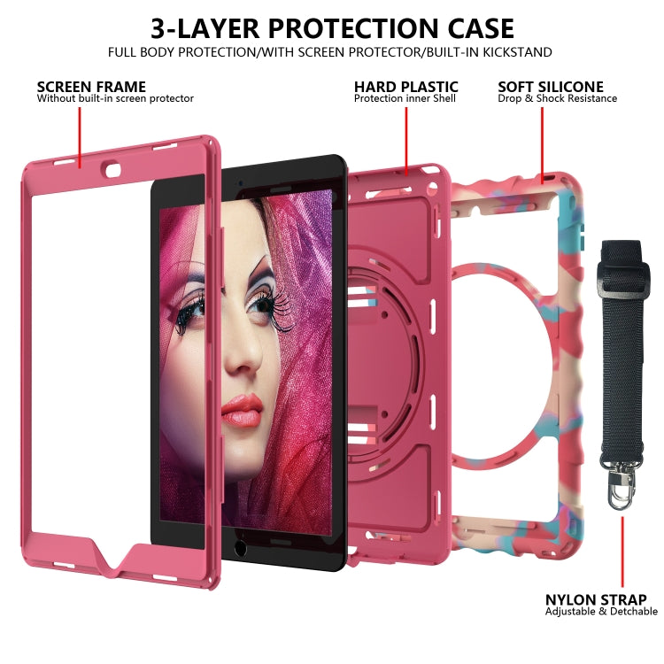For iPad 10.2 360 Degree Rotating Case with Pencil Holder, Kickstand Shockproof Heavy Duty with Shoulder Strap,Hand Strap(Colorful+Hot Pink) - iPad 10.2 Cases by buy2fix | Online Shopping UK | buy2fix