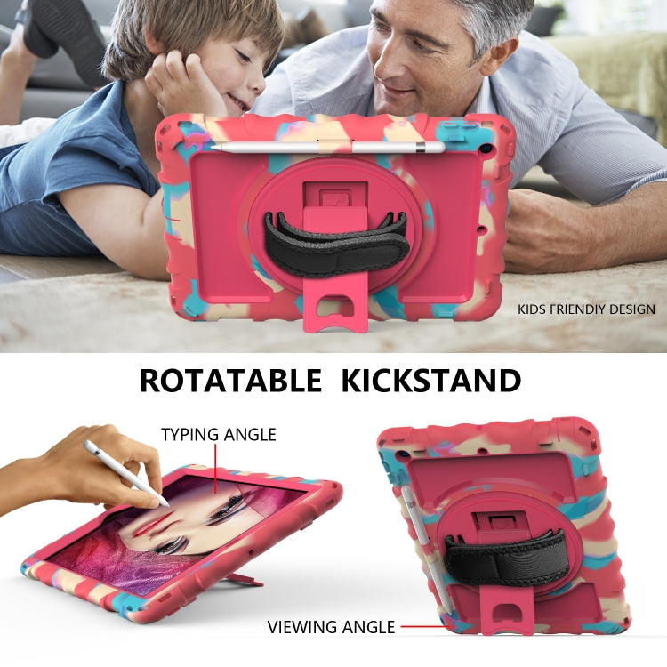 For iPad 10.2 360 Degree Rotating Case with Pencil Holder, Kickstand Shockproof Heavy Duty with Shoulder Strap,Hand Strap(Colorful+Hot Pink) - iPad 10.2 Cases by buy2fix | Online Shopping UK | buy2fix