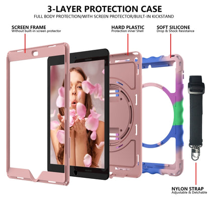 For iPad 10.2 360 Degree Rotating Case with Pencil Holder, Kickstand Shockproof Heavy Duty with Shoulder Strap,Hand Strap(Colorful+Rose Gold) - iPad 10.2 Cases by buy2fix | Online Shopping UK | buy2fix