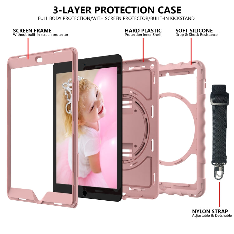 For iPad 10.2 360 Degree Rotating Case with Pencil Holder, Kickstand Shockproof Heavy Duty with Shoulder Strap,Hand Strap(Rose Gold) - iPad 10.2 Cases by buy2fix | Online Shopping UK | buy2fix