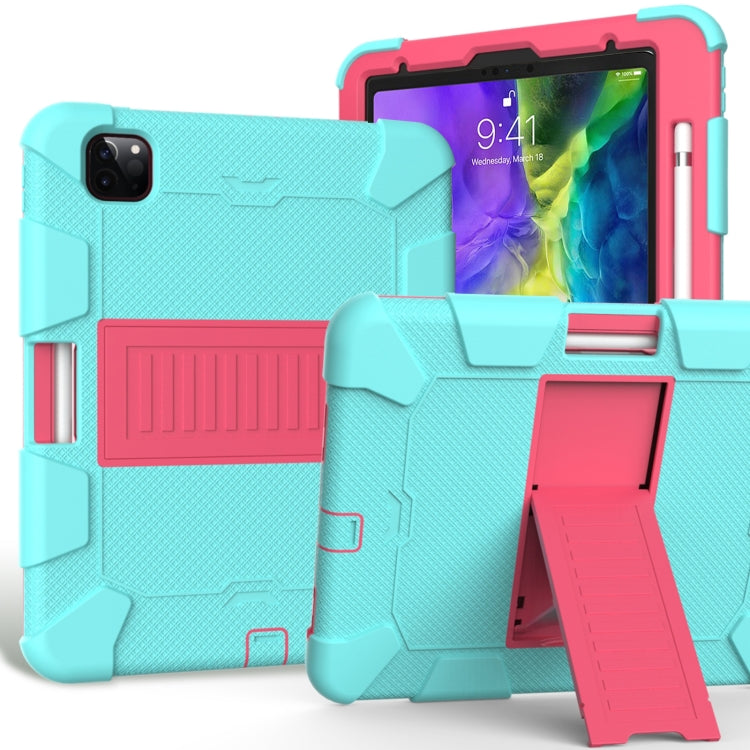 For iPad Pro 11 (2020) Shockproof Two-Color Silicone Protection Tablet Case with Holder & Pen Slot(Aqua+Hot Pink) - iPad Pro 11 (2020) Cases by buy2fix | Online Shopping UK | buy2fix