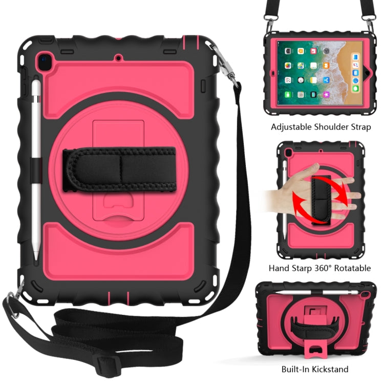 For iPad 9.7 (2018) & (2017) 360 Degree Rotation PC + Silicone Shockproof Combination Case with Holder & Hand Grip Strap & Neck Strap(Black+Hot Pink) - iPad 9.7 (2018) & (2017) Cases by buy2fix | Online Shopping UK | buy2fix