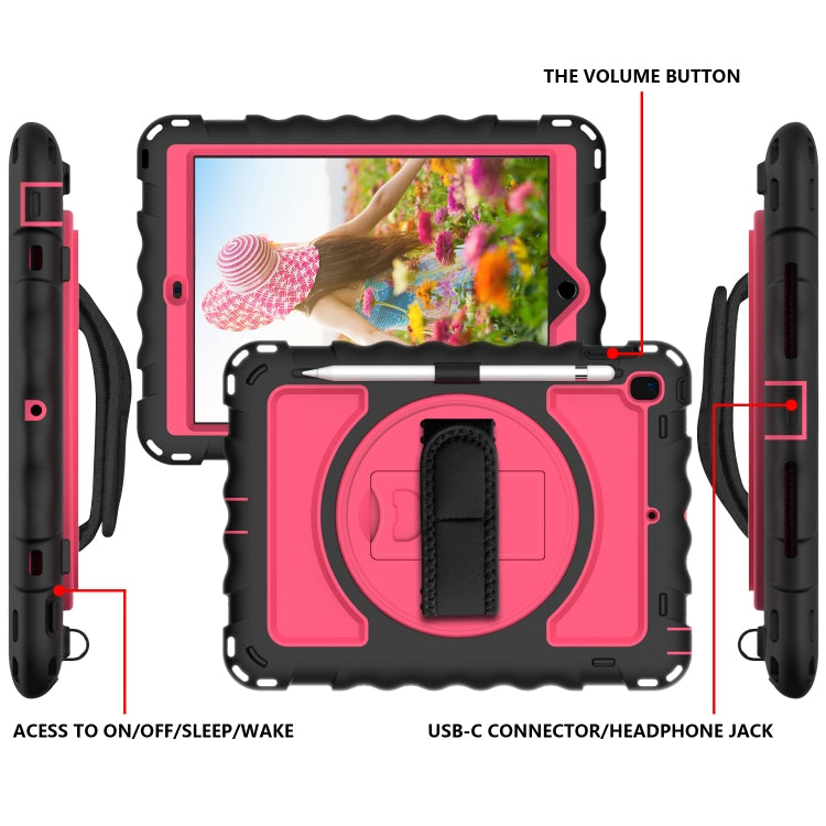 For iPad 9.7 (2018) & (2017) 360 Degree Rotation PC + Silicone Shockproof Combination Case with Holder & Hand Grip Strap & Neck Strap(Black+Hot Pink) - iPad 9.7 (2018) & (2017) Cases by buy2fix | Online Shopping UK | buy2fix