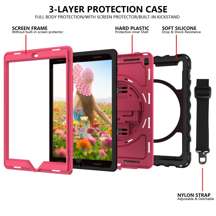For iPad 9.7 (2018) & (2017) 360 Degree Rotation PC + Silicone Shockproof Combination Case with Holder & Hand Grip Strap & Neck Strap(Black+Hot Pink) - iPad 9.7 (2018) & (2017) Cases by buy2fix | Online Shopping UK | buy2fix