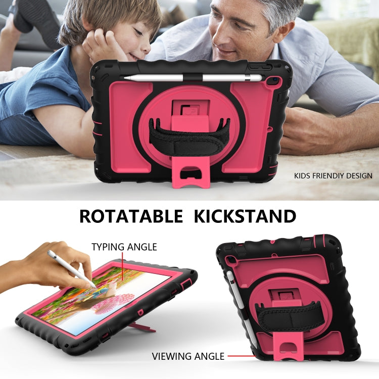 For iPad 9.7 (2018) & (2017) 360 Degree Rotation PC + Silicone Shockproof Combination Case with Holder & Hand Grip Strap & Neck Strap(Black+Hot Pink) - iPad 9.7 (2018) & (2017) Cases by buy2fix | Online Shopping UK | buy2fix