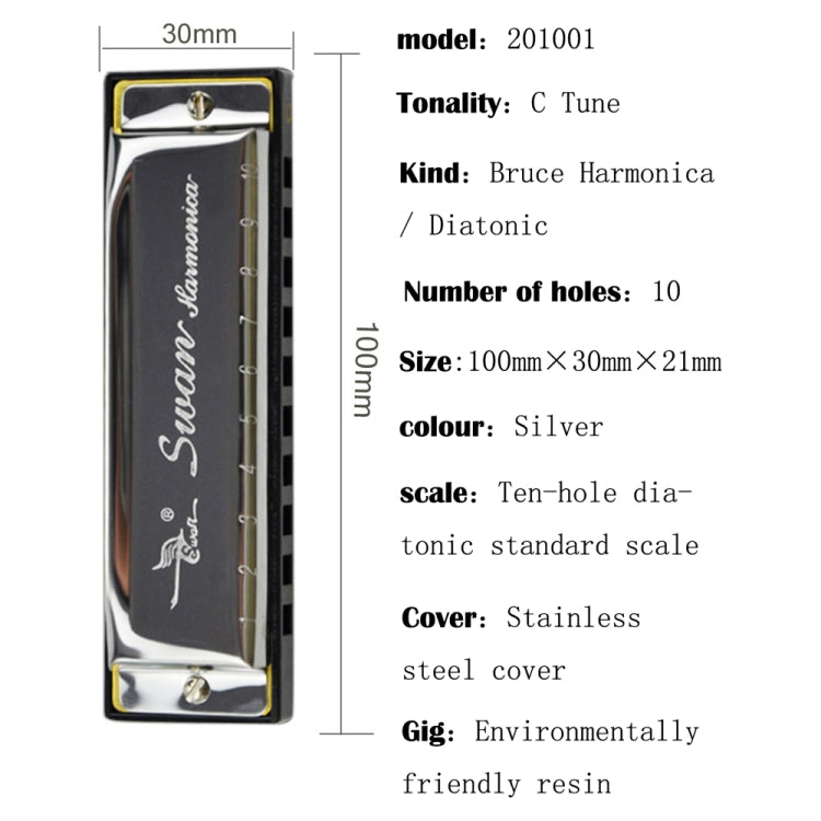 Swan 10 Holes Full-scale Bruce Harmonica Beginner Children Adult Students Playing Musical Instruments - Wind Instrument Accessories by buy2fix | Online Shopping UK | buy2fix
