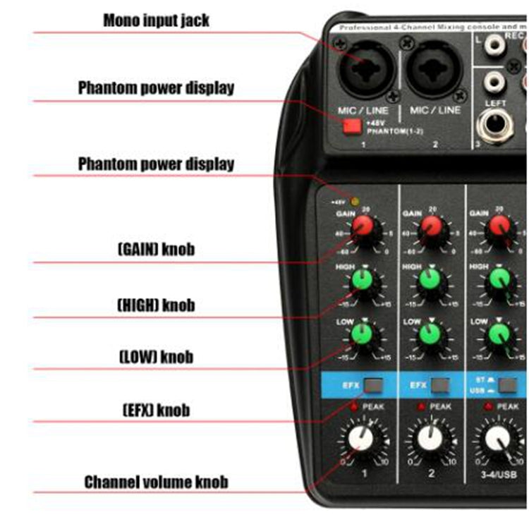 TU04 BT Sound Mixing Console Record 48V Phantom Power Monitor AUX Paths Plus Effects 4 Channels Audio Mixer with USB(Black) by buy2fix