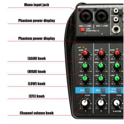 TU04 BT Sound Mixing Console Record 48V Phantom Power Monitor AUX Paths Plus Effects 4 Channels Audio Mixer with USB(Black) by buy2fix