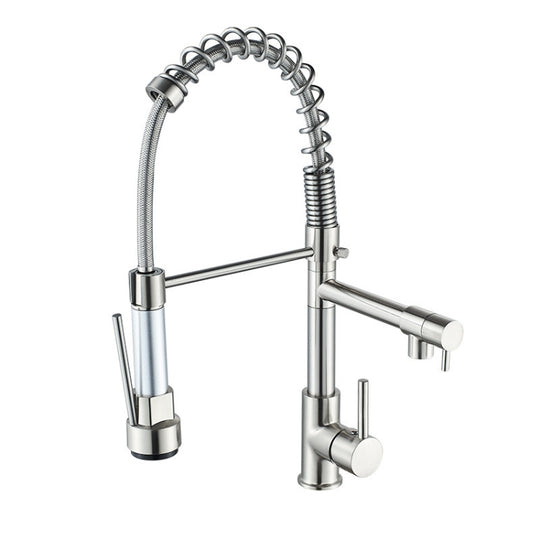 Copper And Nickel Brushed Double Outlet Spring Faucet Rotatable Kitchen Hot And Cold Water Faucet, Specification: Brushed