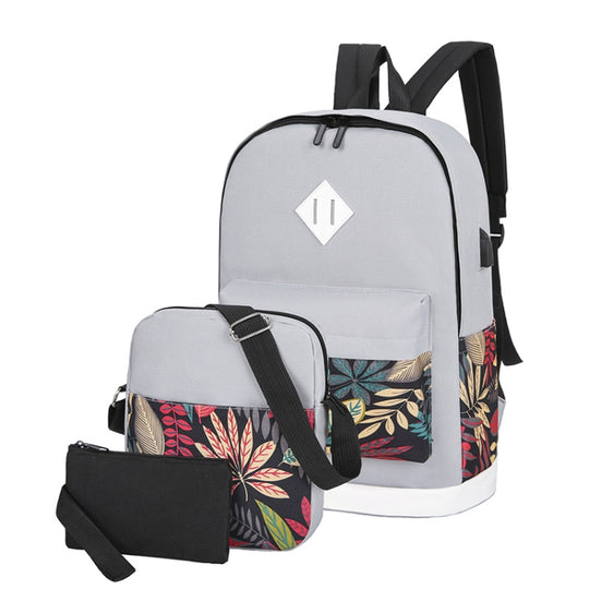 3 in 1 College Style Casual Backpack Student USB Charging Backpack(Leaves Gray)