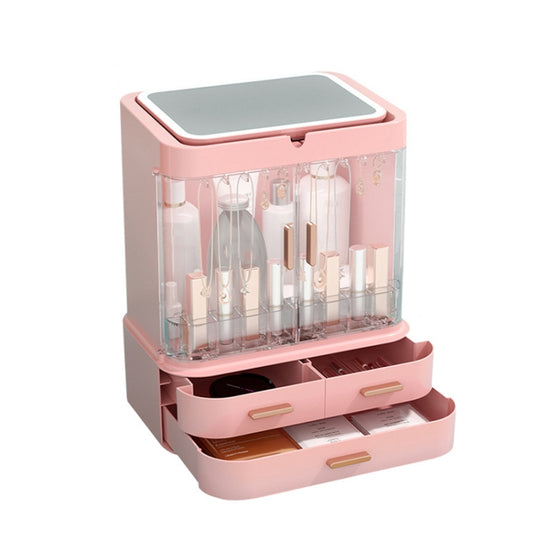 Dust-Proof Drawer Type Cosmetic Storage Box Household Large-Capacity Desktop Lipstick Storage Box, Colour: LED Upgrade Model Pink