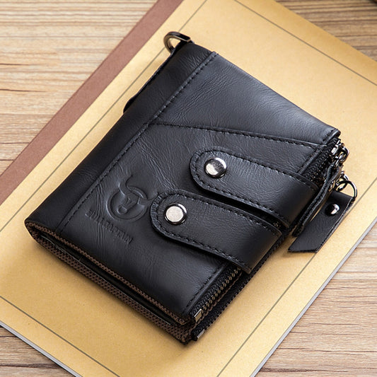 BULL CAPTAIN  Leather Three-fold Zipper Wallet For Men(Black) - Wallets by BULL CAPTAIN | Online Shopping UK | buy2fix