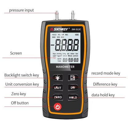 SNDWAY SW-512C Digital Handheld Differential Pressure Gauge Negative Pressure Tester - Other Tester Tool by SNDWAY | Online Shopping UK | buy2fix
