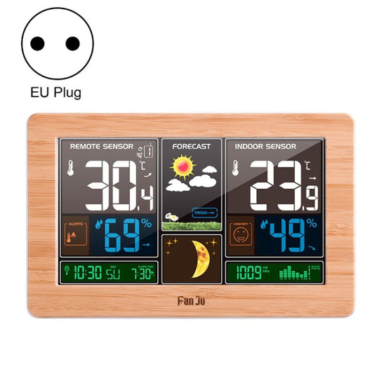FUJU Wood Grain Weather Station Digital Clock Alarm Thermometer Hygrometer(EU Plug Yellow)