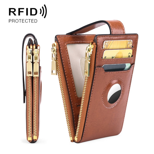 Two Layer Oil Waxed Leather Zip RFID  Coin Purse Tracker Card Holder For AirTag(Retro Brown) - Wallet Series by buy2fix | Online Shopping UK | buy2fix