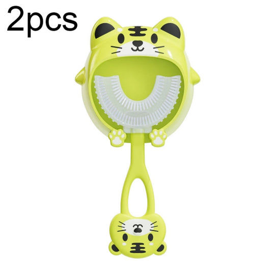S8 2pcs Children Cartoon Animal Manual U-shaped Silicone Toothbrush for 2-12 Years Old(Green Tiger)