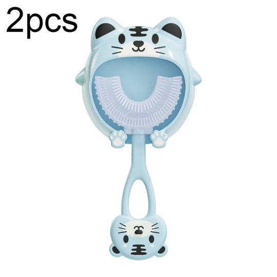 S8 2pcs Children Cartoon Animal Manual U-shaped Silicone Toothbrush for 2-12 Years Old(Blue Tiger)