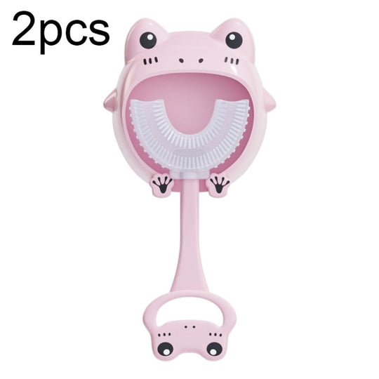 S8 2pcs Children Cartoon Animal Manual U-shaped Silicone Toothbrush for 2-12 Years Old(Pink Frog)