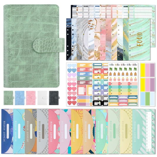 A6 Crocodile Pattern PU Leather Loose-Leaf Binder Budget Notebook Cash Envelope Organizer(Bean Green) - Notebooks by buy2fix | Online Shopping UK | buy2fix